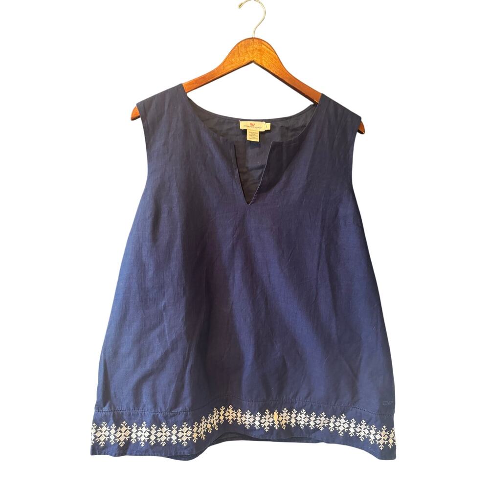 Vineyard Vines Navy Sleeveless Tank with White Embroidered Hem